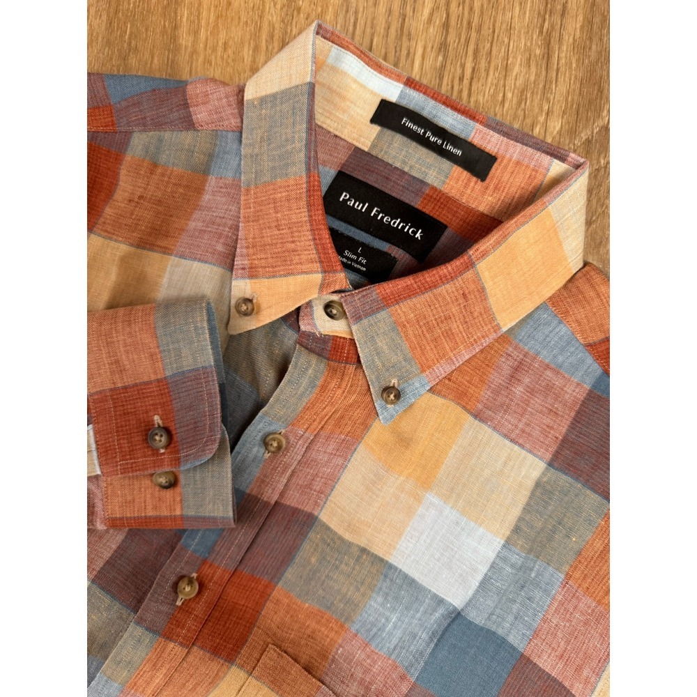 Paul Frederick Men's L Slim Long Sleeve Linen Button Down Shirt Multicolor Plaid